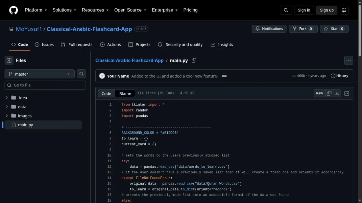 Screenshot of the flashcard app’s Python source on GitHub