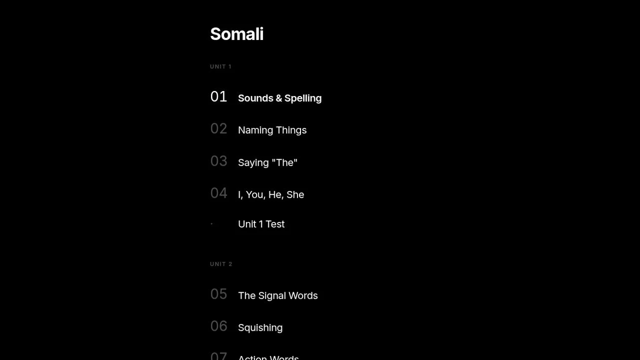 Screenshot of the actual LeetGrammar Somali lesson index