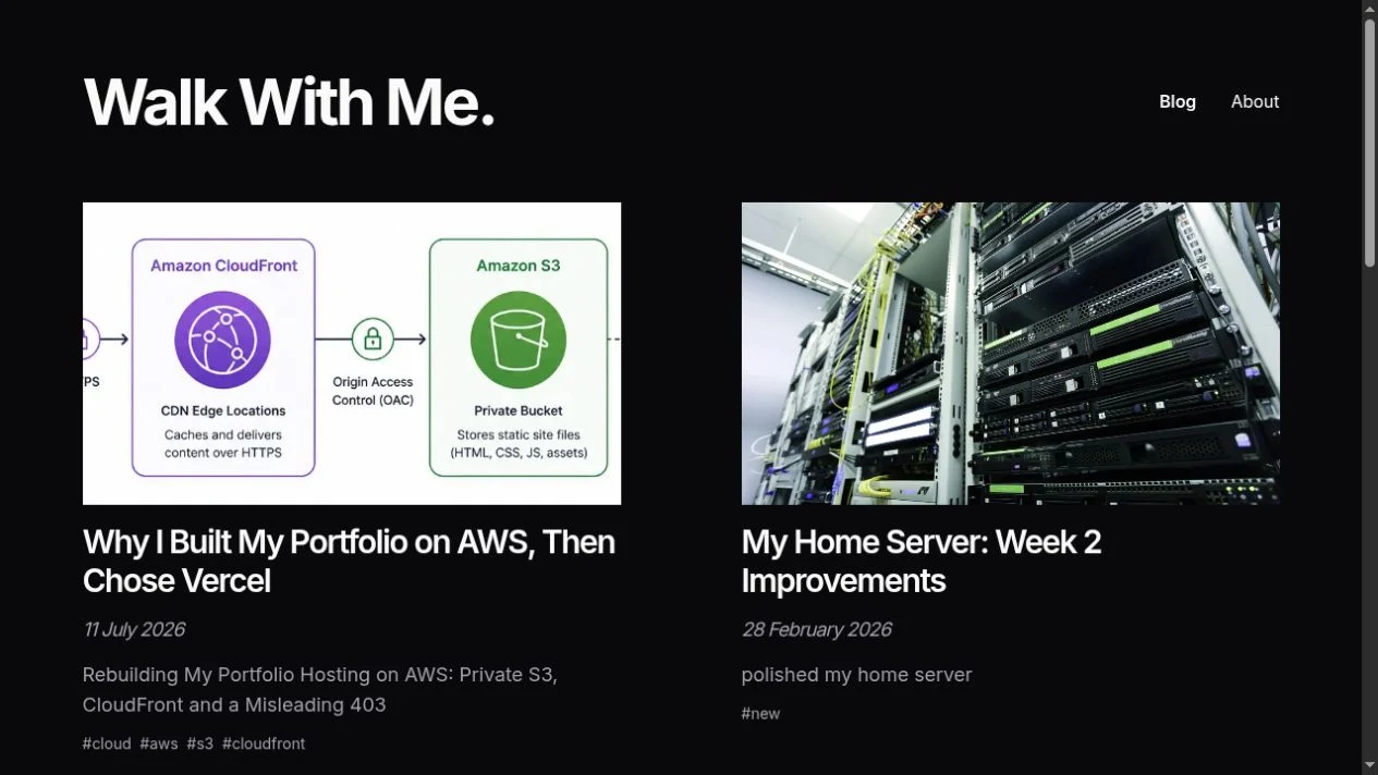 Screenshot of the Walk With Me blog homepage